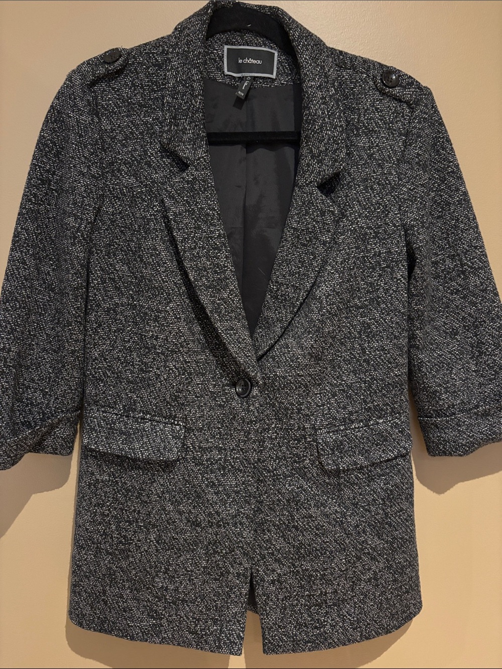 le chateau Black & Gray Tweed Single-Button 3/4 sleeve Blazer